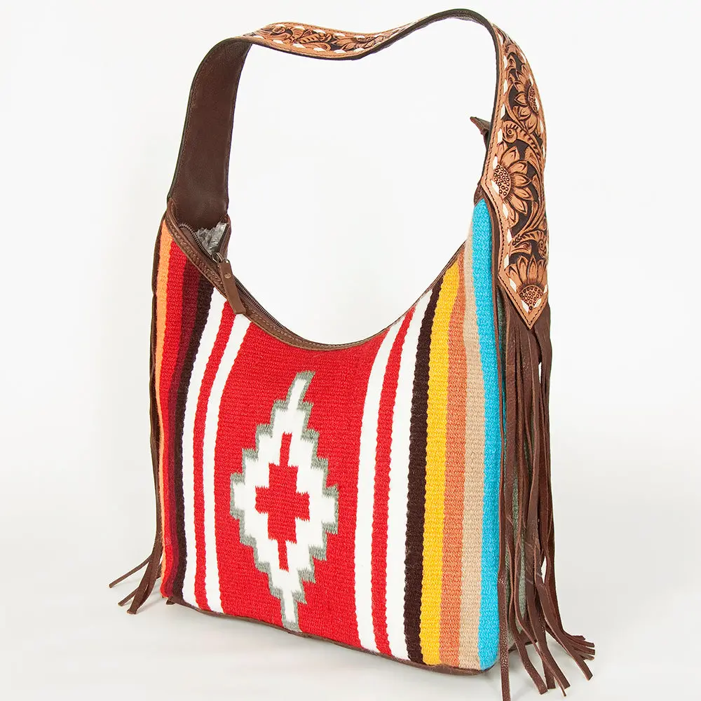American Darling Hand-Woven Saddle Blanket Hobo Bag Women's Genuine Leather Hand Tooled Purse With Fringes & Ykk Zipper 1