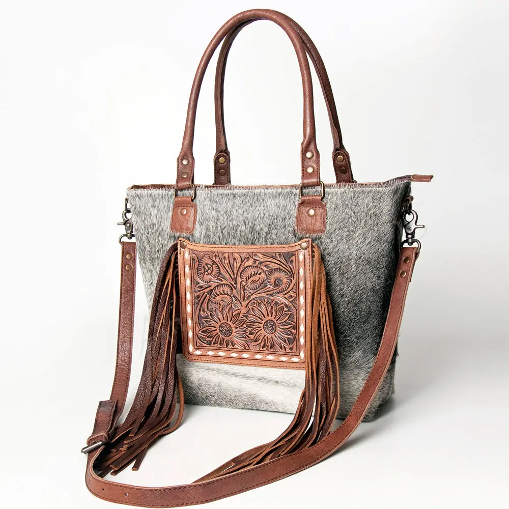 American Darling Tote Bag Hand Tooled Floral Carved Cowhide Genuine Leather Western Purse With Fringes & Ykk Zipper 1
