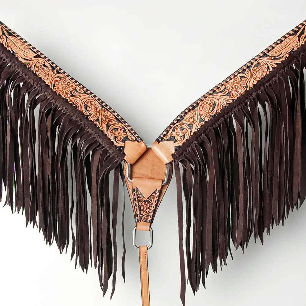 American Darling Tooled Leather Western Breast Collar – Hand-Carved Floral Design With Chocolate Brown Fringe 1