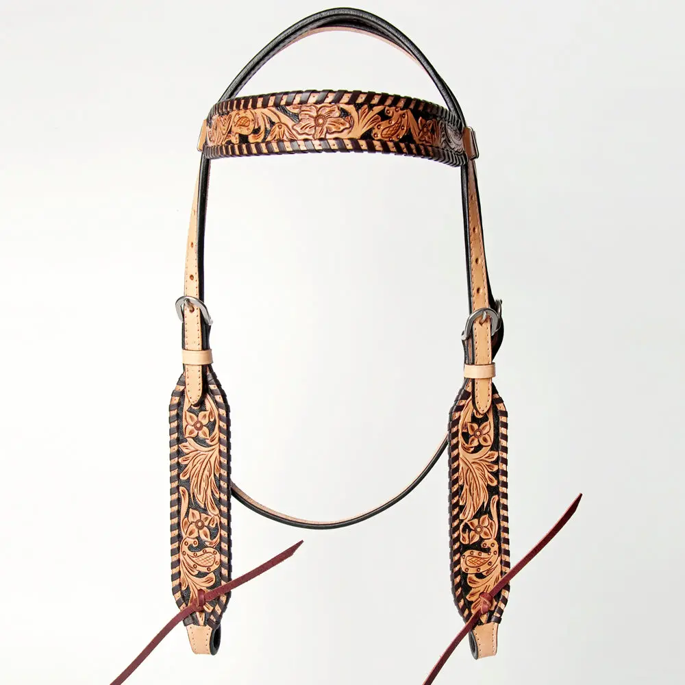 American Darling Western Leather Headstall Hand-Tooled Floral Carved With Buckstitch Border 1