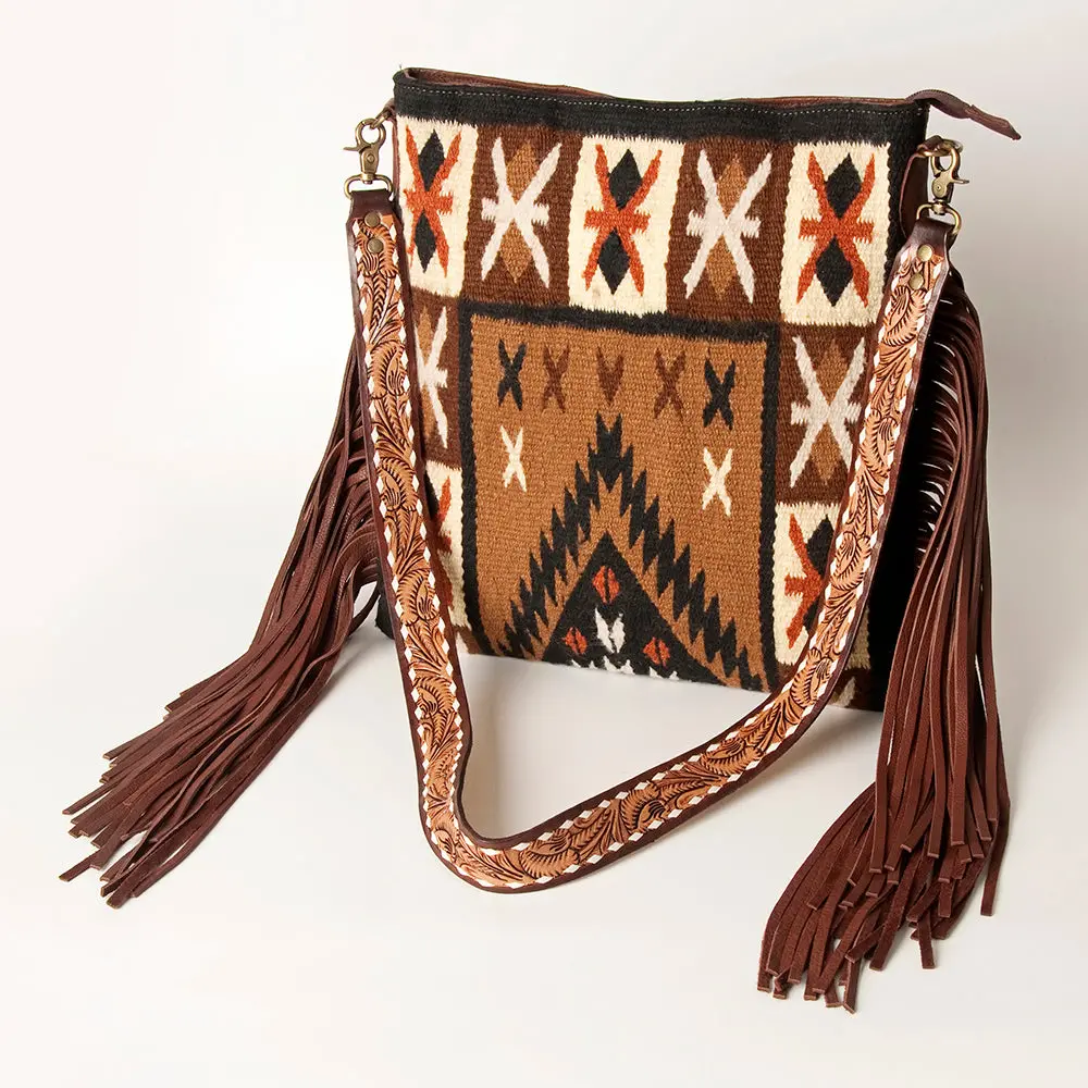 American Darling Hand Tooled Genuine Leather Large Cross Body Bag Women's Saddle Blanket Purse With Fringes & Ykk Zipper 2