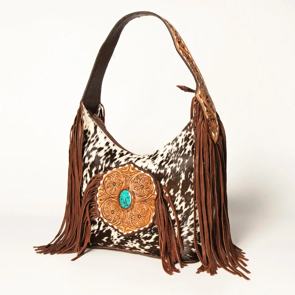 American Darling Genuine Leather Tote Bag For Women Hair-On Cowhide Floral Carved Purse With Fringes, Turquoise Concho & Ykk Zipper 1