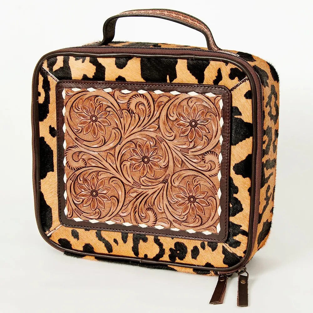 American Darling Genuine Leather Jewelry Case Hair-On Cowhide Floral Carved Tooled Travel Organizer Box With Ykk Zipper 1
