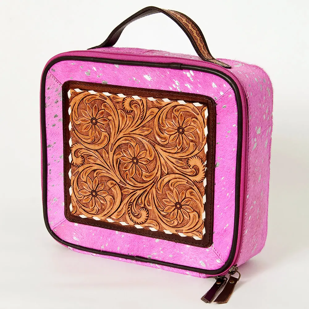 American Darling Genuine Leather Jewelry Case Hair-On Cowhide Floral Carved Tooled Travel Organizer Box With Ykk Zipper 1