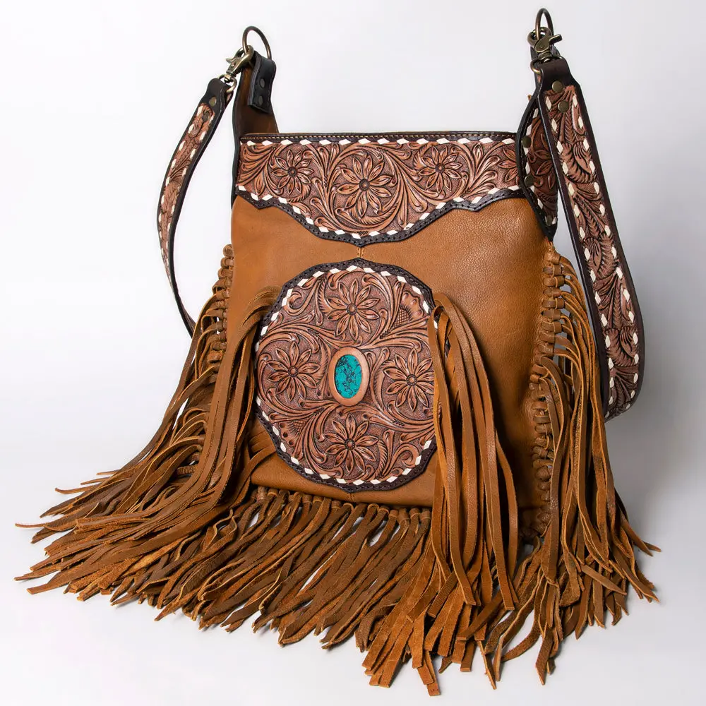 American Darling Hand Tooled Genuine Leather Large Cross Body Bag Women's Floral Carved Purse With Turquoise Concho & Fringes 2