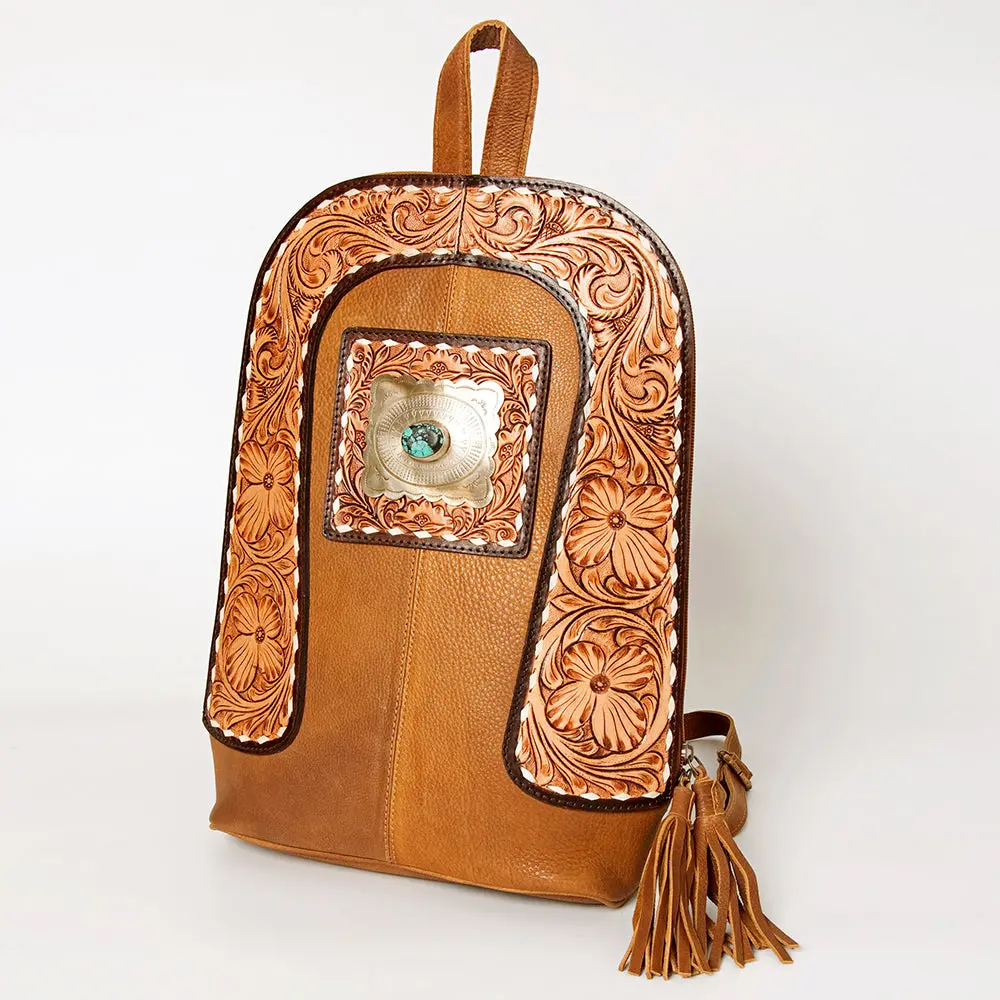 American Darling Hand Tooled Genuine Leather Backpack Women's Floral Carved Western Bag With Turquoise Concho & Ykk Zipper 2