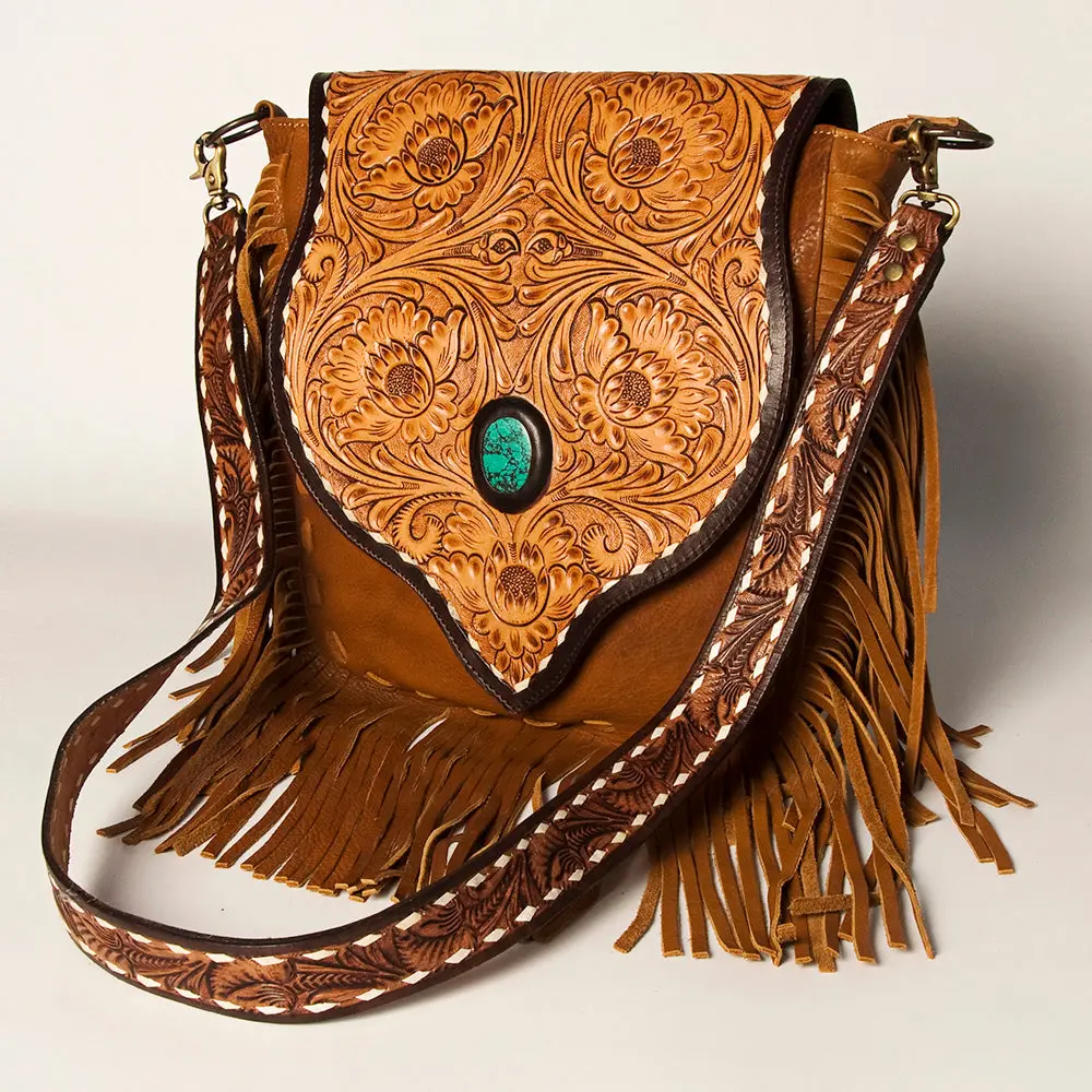 American Darling Hand Tooled Floral Carved Messenger Bag With Fringes Vegetable-Tanned Genuine Leather Ykk Zipper 1