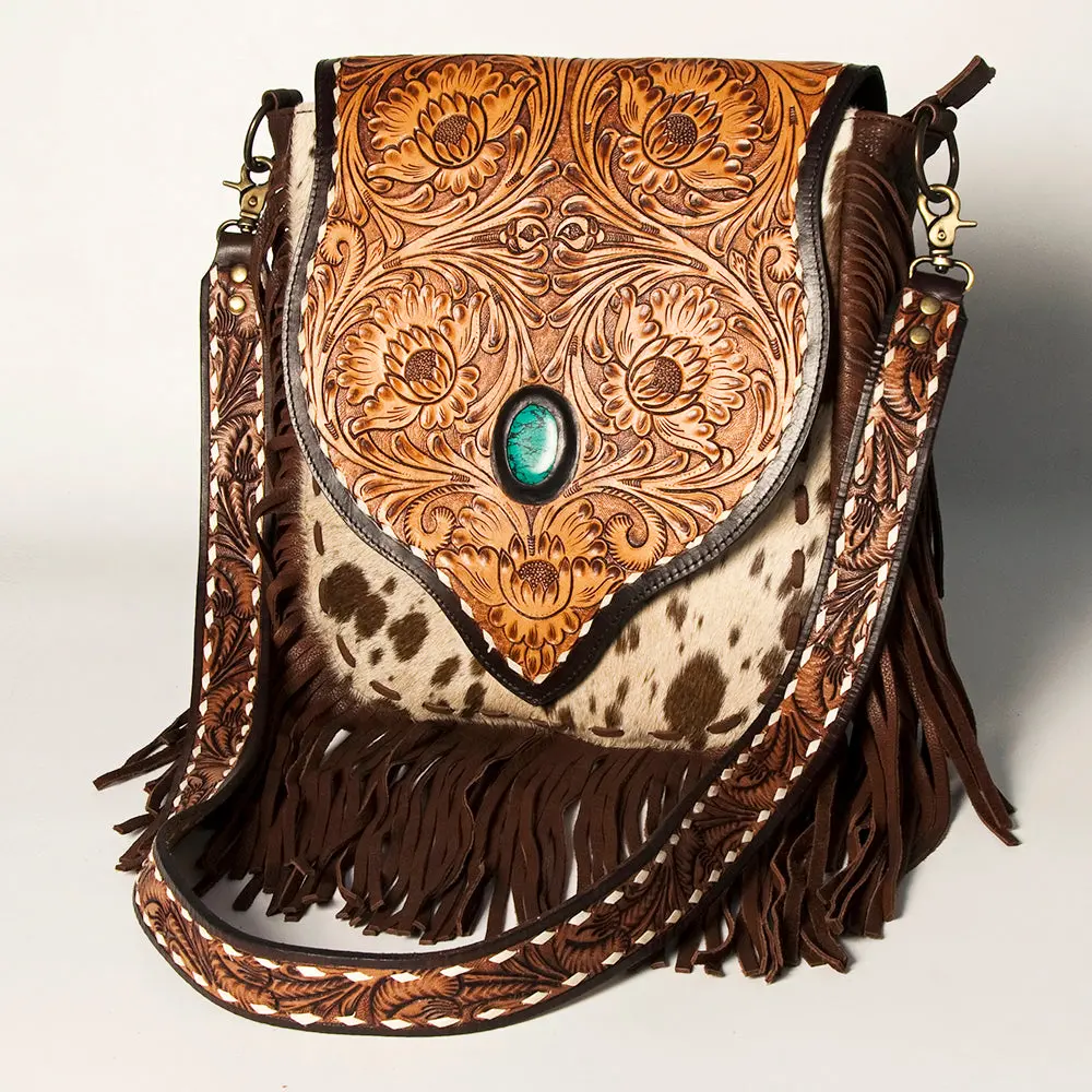 American Darling Hand Tooled Floral Carved Messenger Bag With Fringes Hair-On Cowhide Vegetable-Tanned Genuine Leather Ykk Zipper 1