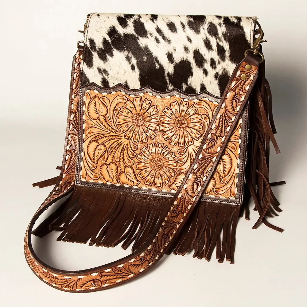 American Darling Hand Tooled Floral Carved Messenger Bag With Fringes Hair-On Cowhide Vegetable-Tanned Genuine Leather Ykk Zipper 1