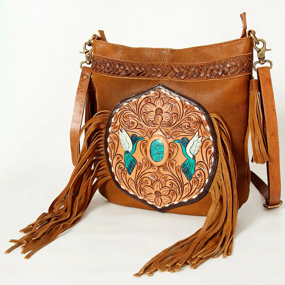 American Darling Women's Large Cross Body Bag Hand Tooled Floral Carved Fringes Braided Genuine Leather Ykk Zipper 1