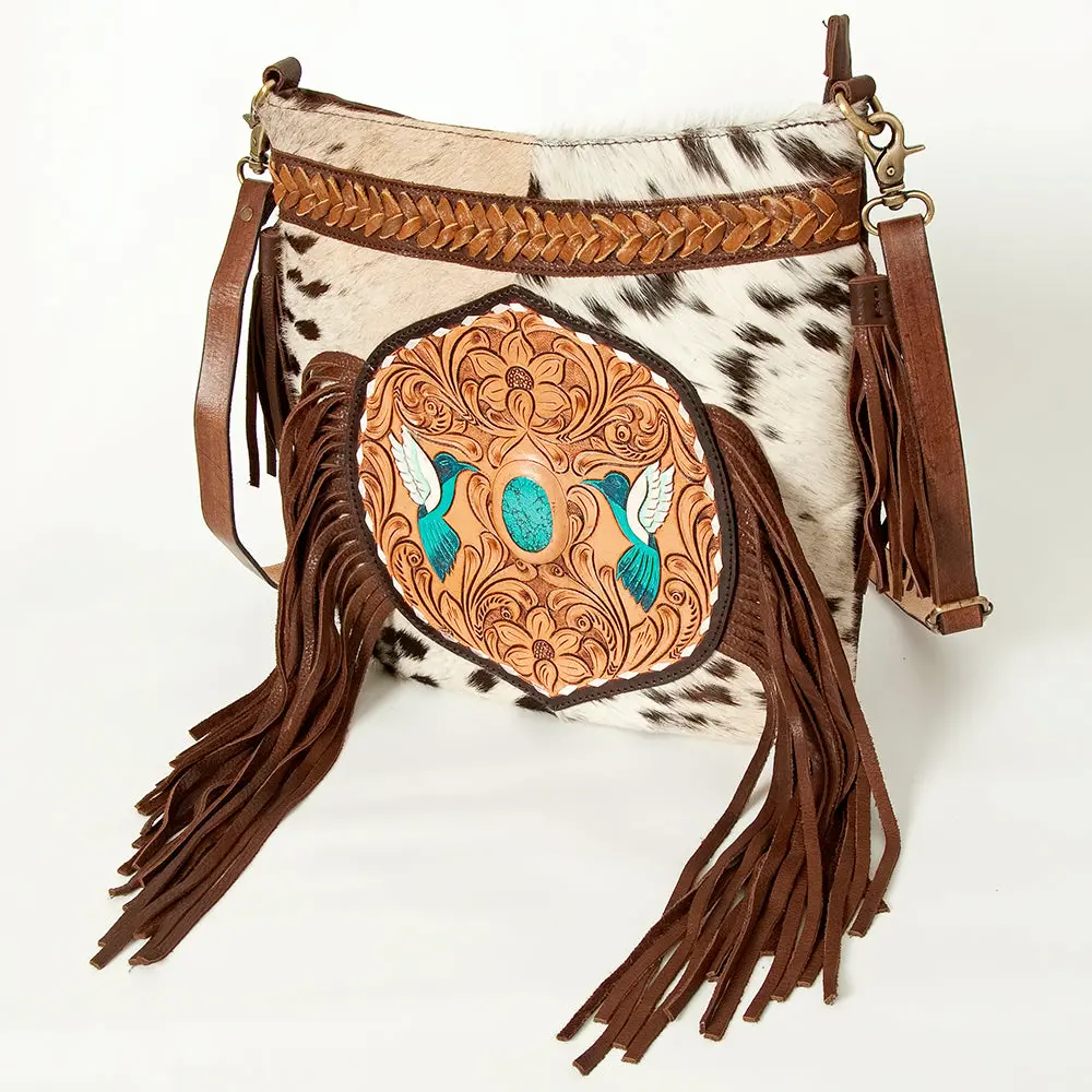 American Darling Women's Large Cross Body Bag Hair-On Cowhide Hand Tooled Fringes Braided Genuine Leather Ykk Zipper 1