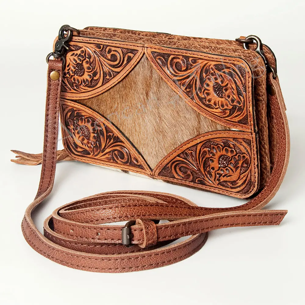 American Darling Wallet, Hand Tooled Floral Leather & Hair-On Cowhide, Genuine Full Grain Western Crossbody Wallet, 5X9x1.5In 1
