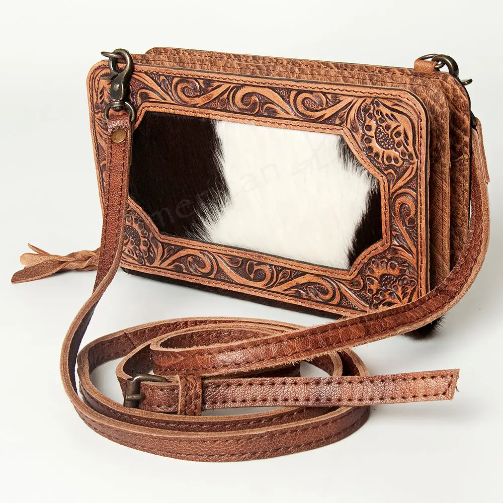 American Darling Wallet, Hand Tooled Floral Leather & Hair-On Cowhide, Genuine Full Grain Leather Western Clutch, 5X9x1.5In 1