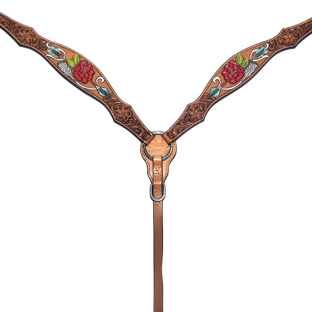 Bar H Equine Western Horse Genuine Leather Floral Design Hand Painted Breast Collar Tan 1