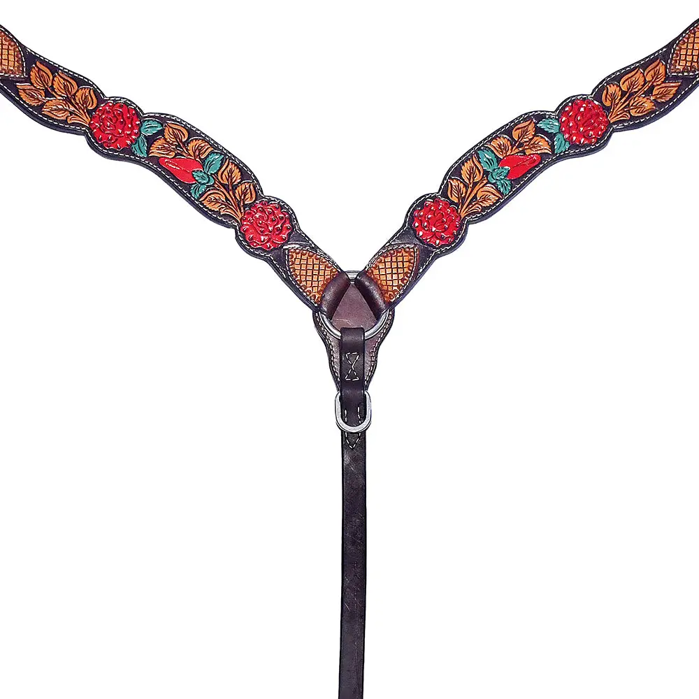 Bar H Equine Western Horse Genuine Leather Floral Design Breast Collar Dark Brown 1