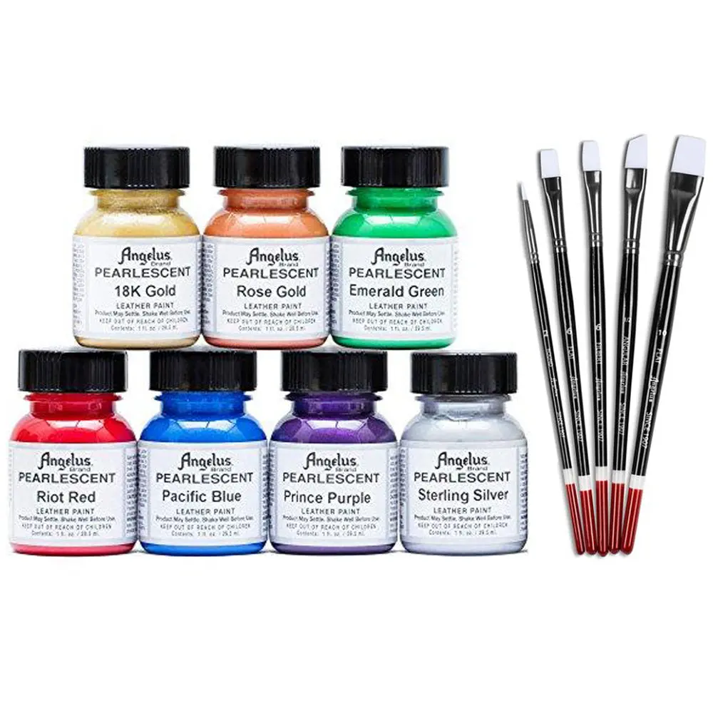 1 Oz Angelus Pearlescent Leather Paint 7 Color Set W/ 5 Pc Brush 1