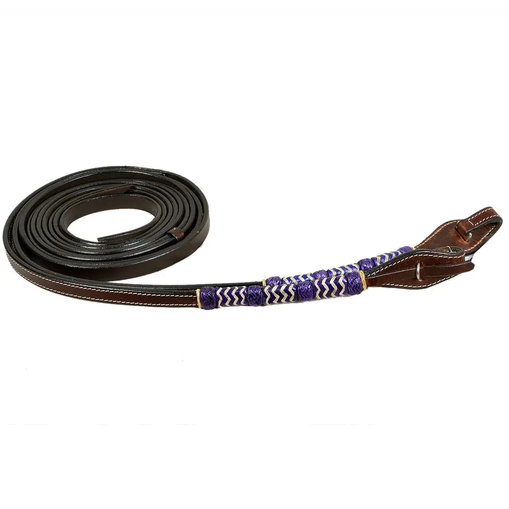 Bar H Equine Western Horse 8Ft Purple Rawhide Braiding American Leather Split Reins 1