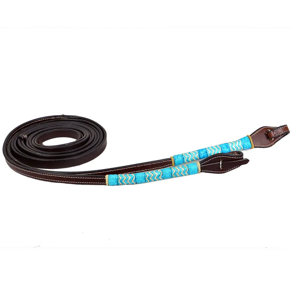 Bar H Equine Western Horse 8Ft Turquoise Rawhide Braiding American Leather Split Reins 1