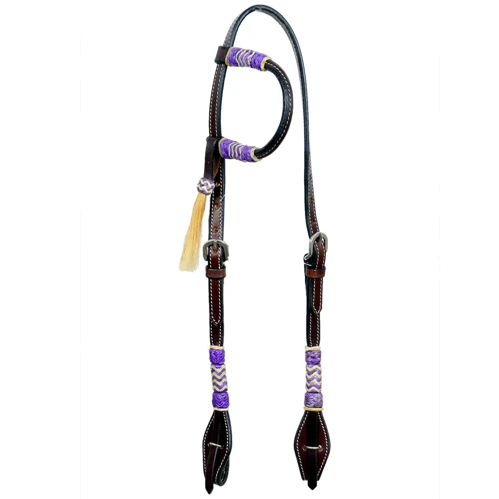 Bar H Equine Western Horse Genuine Leather Raw Hide One Ear Headstall Dark Brown 1