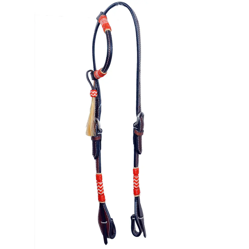 Bar H Equine Western Horse Genuine Leather Raw Hide One Ear Headstall Dark Brown 1