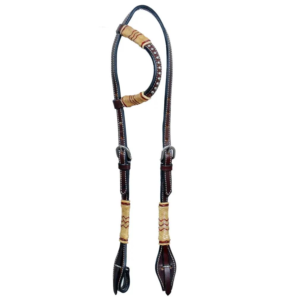 Bar H Equine Western Horse Genuine Leather Raw Hide One Ear Headstall Dark Brown 1