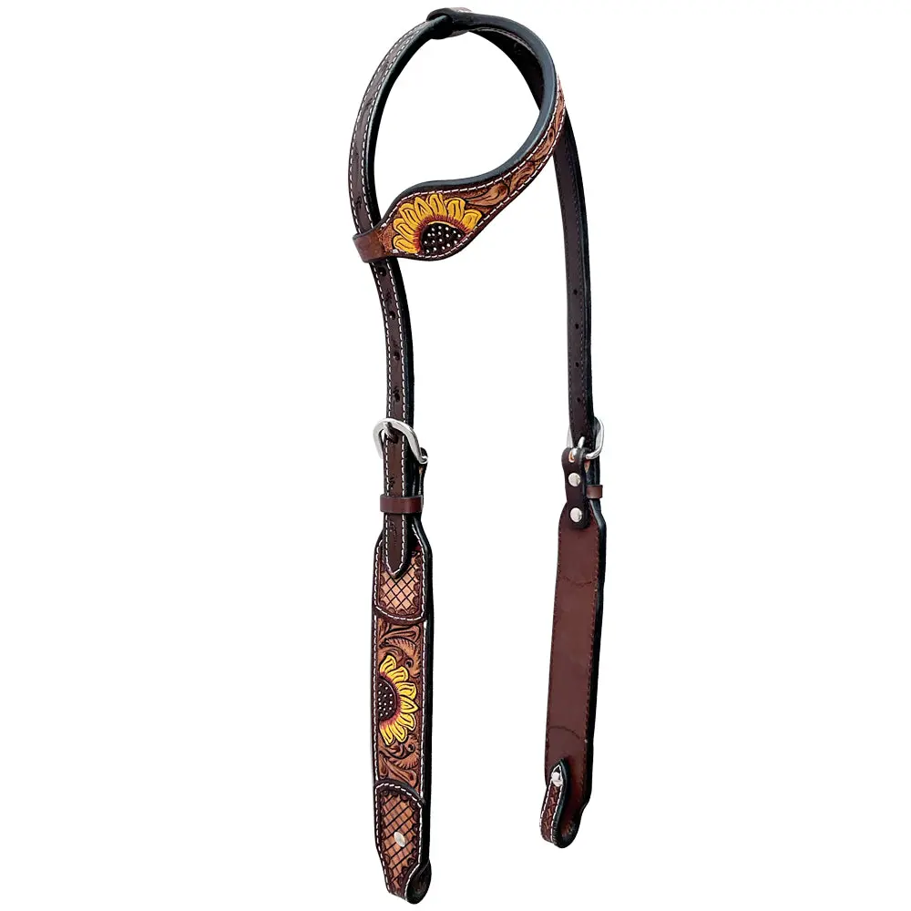 Bar H Equine Bonnie Blossom Sunflower Leather One Ear Headstall Breast Collar Wither Strap Set 1