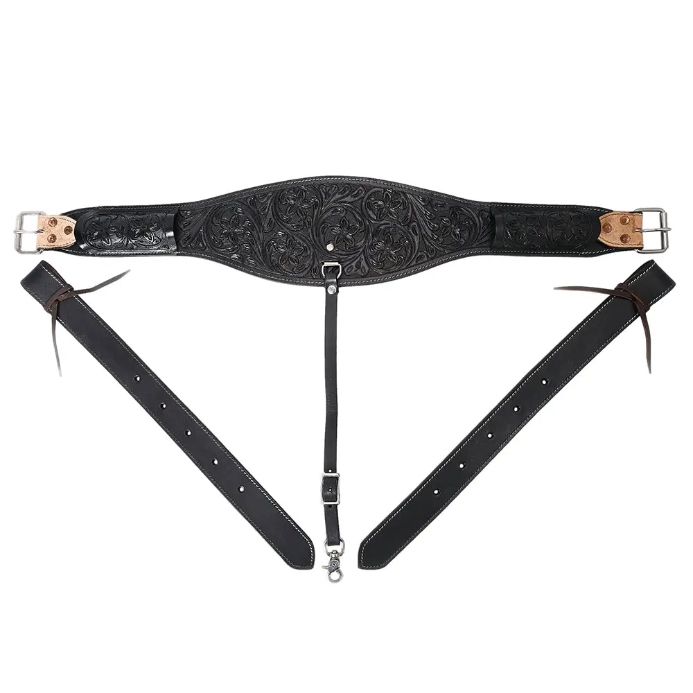 Horse Saddle Flank Cinch Girth Handtooled Leather W/ Billets Black Comfytack By Hilason 1
