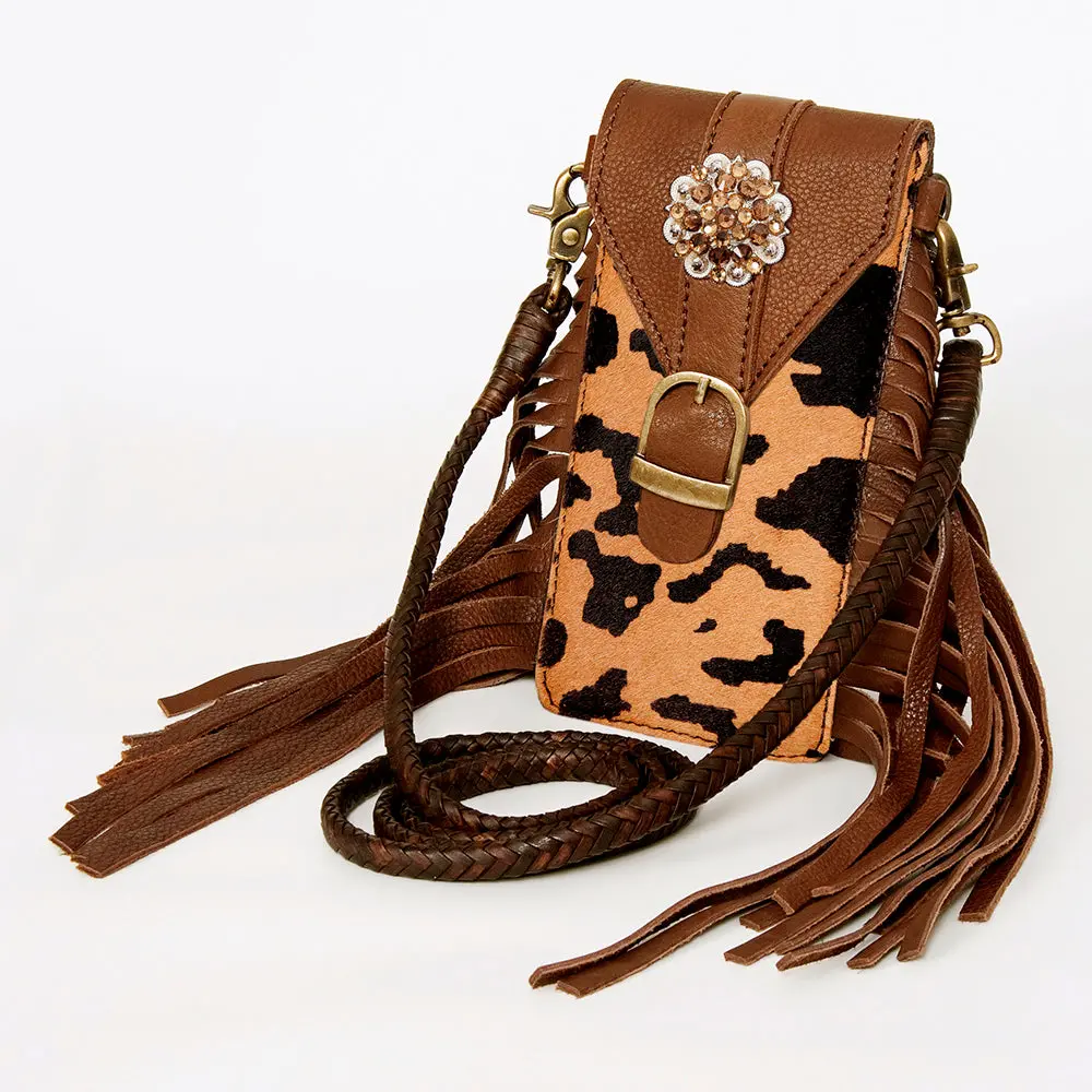 American Darling Hair-On Cowhide Cell Phone Holder Fringes Braided Handle Vegetable-Tanned Genuine Leather Ykk Zipper 2