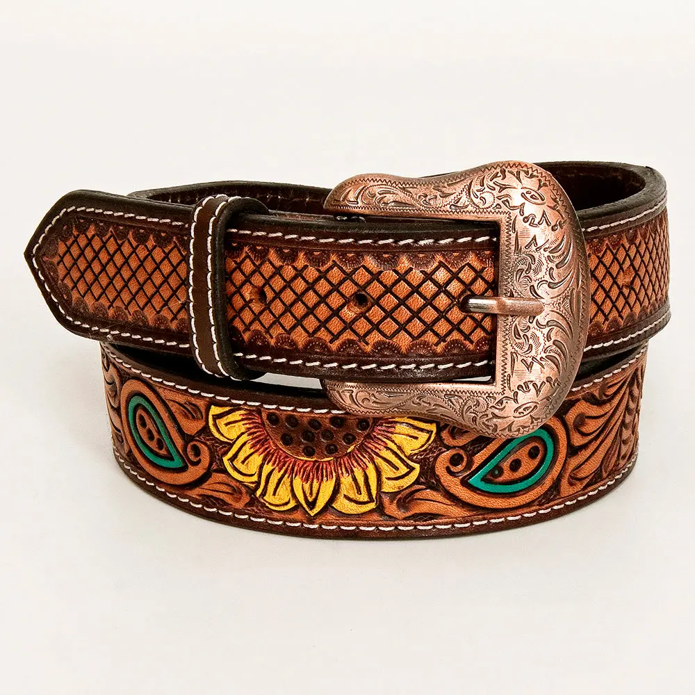 Bar H Equine Brown Sunflower Floral Hand Painted Genuine Leather Men & Women Belt Unisex Western 1