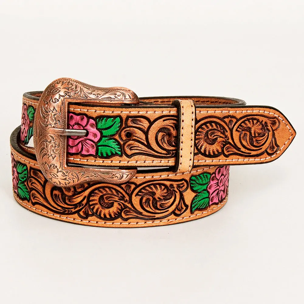 Bar H Equine Hand Tooled Genuine Leather Crafted Tan Unisex Western Belt With Floral Carving Tooling Men & Women 1