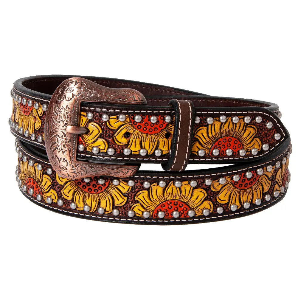 Bar H Equine Brown Sunflower Floral Hand Painted Carved Fashion Premium Leather Belt Unisex Western 2