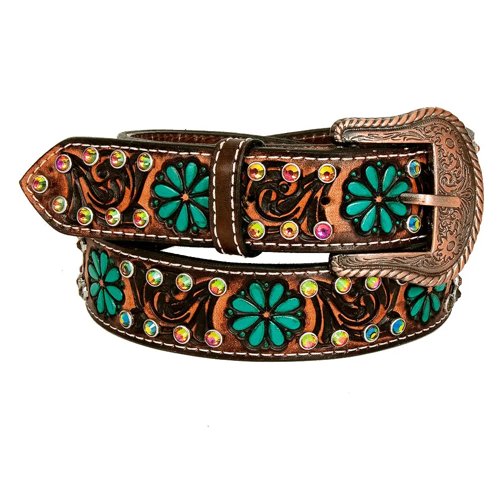 Bar H Equine Brown Turquoise Flower Hand Carved Fashion Premium Leather Belt Unisex Western With Removable Buckle 1