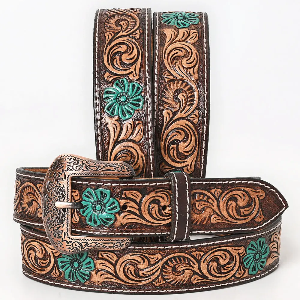 Bar H Equine Hand Painted Genuine Leather Tooled Brown Unisex Western Belt With Floral Carving Tooling | Fo 1