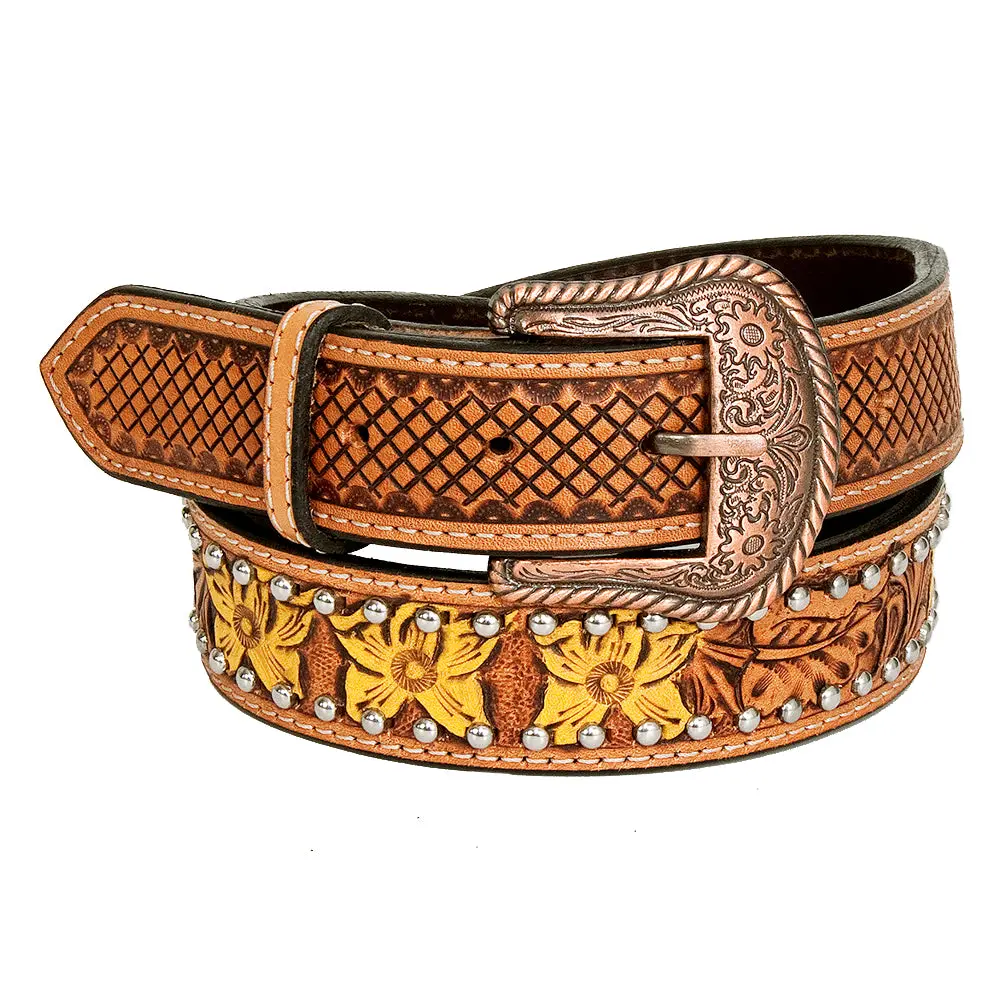 Bar H Equine Tan Daffodil Floral Hand Painted Carved Fashion Premium Leather Belt Unisex Western With Removable Buckle 1