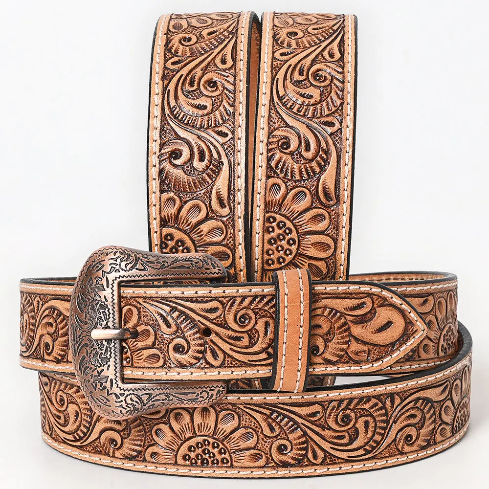 Bar H Equine Brown Sunflower Floral Hand Carved Fashion Premium Leather Belt Unisex Western With Removable Buckle 1