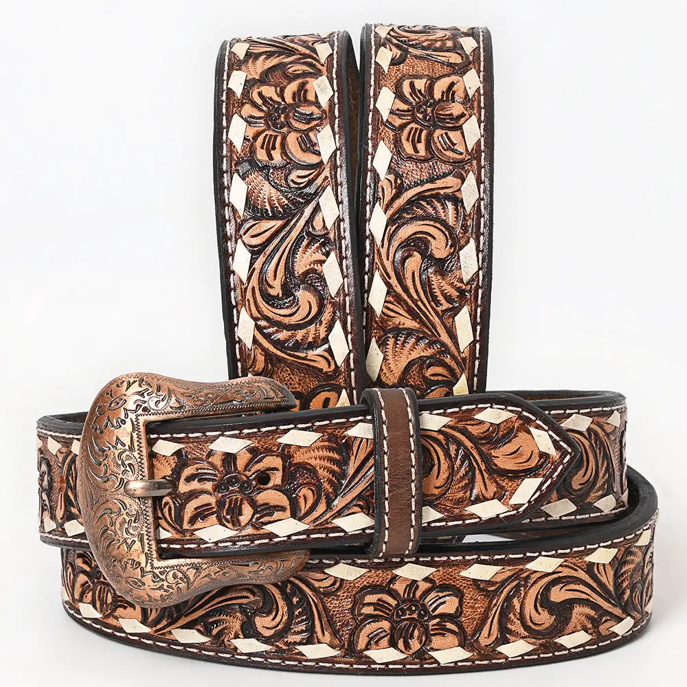 Bar H Equine Brown Floral Hand Tooled Fashion Premium Leather Belt Unisex Western With Removable Buckle 2