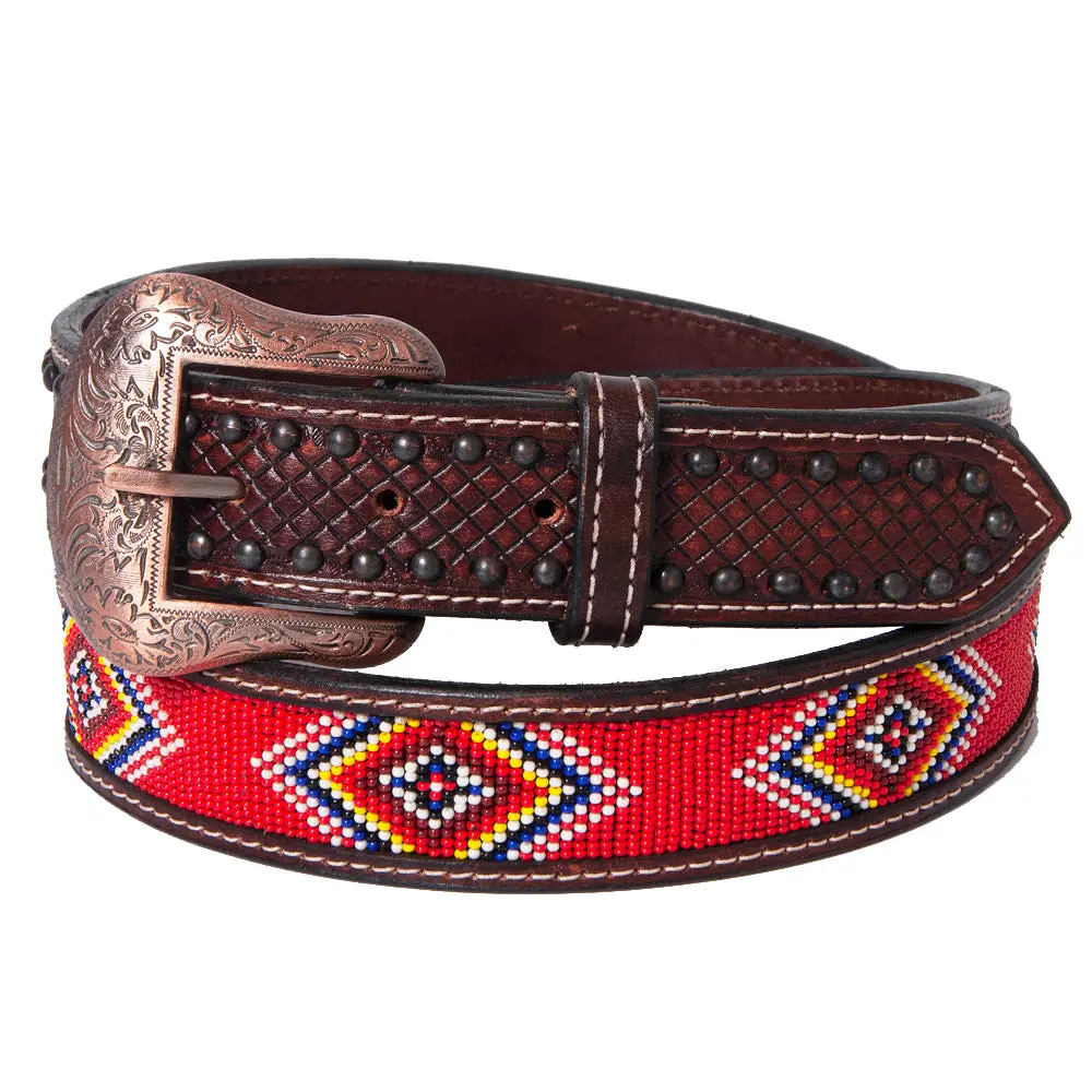 Bar H Equine Hand Carved & Crafted Genuine Leather Red Beaded Black Crystal Unisex Western Belt Carving Antique Brown 1