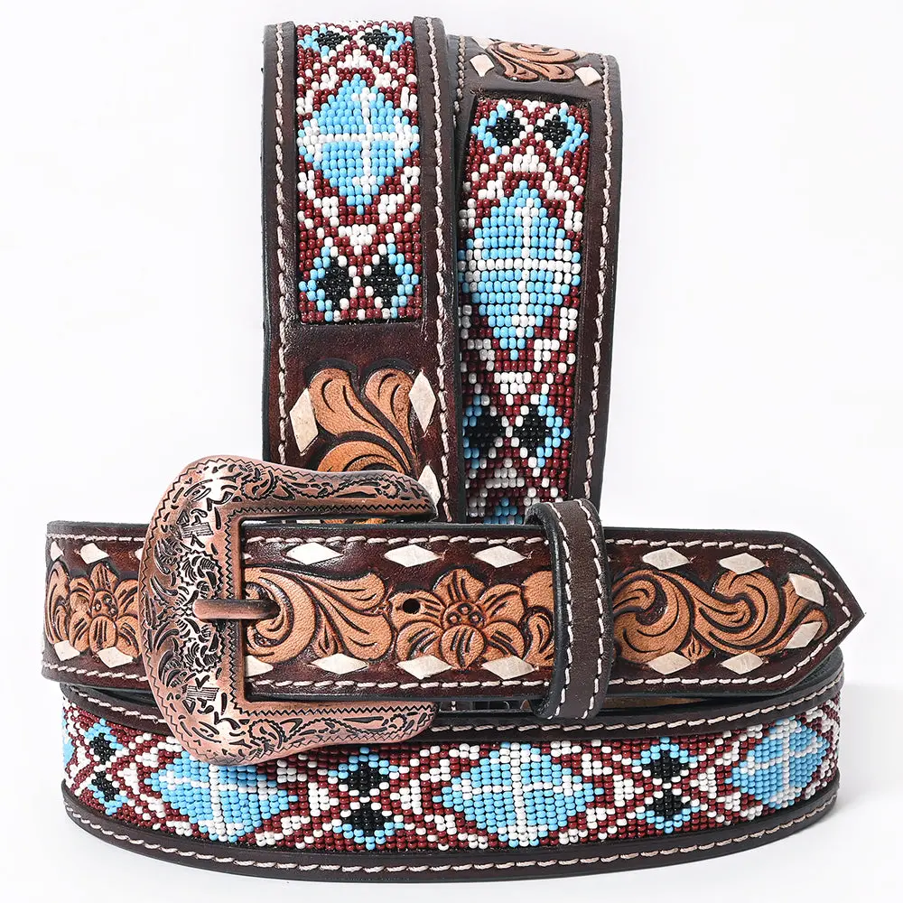 Bar H Equine Hand Tooled Genuine Leather Crafted Unisex Brown Western Belt Beaded Carving | Bead Belts For Women Men 1