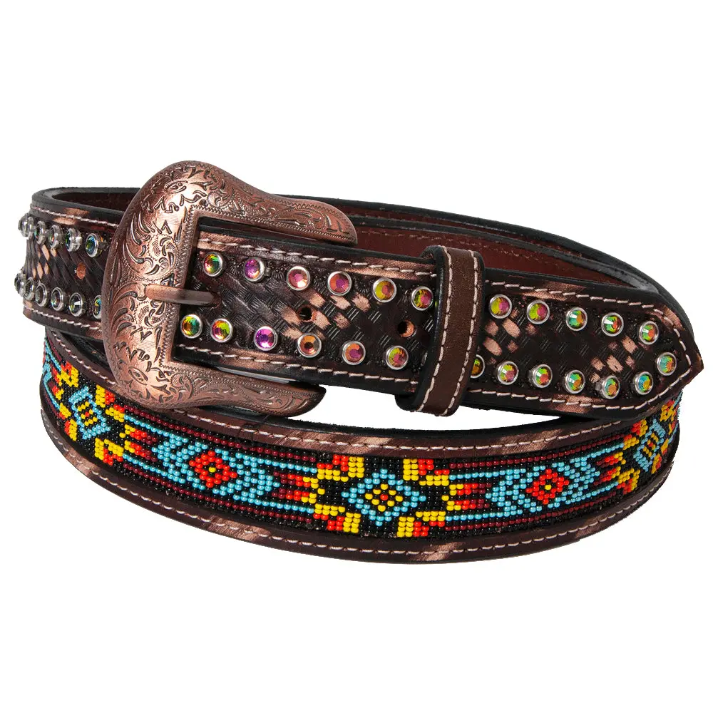 Bar H Equine Beaded Crystal Basket Tooled Hand Carved Western Leather Men & Women Belt Unisex Carving Antique Brown 1