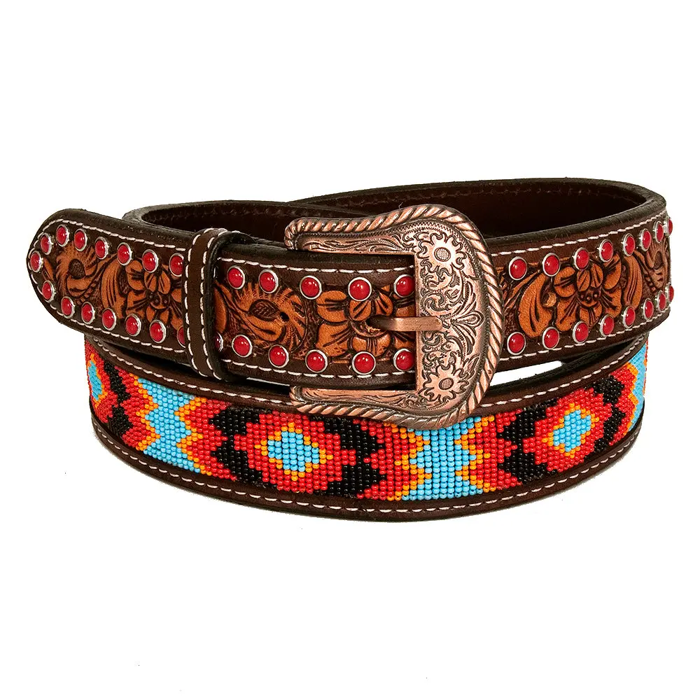 Bar H Equine Hand Tooled Genuine Leather Crafted Unisex Brown Western Belt Beaded Carving | Bead Belts For Women Men B 1