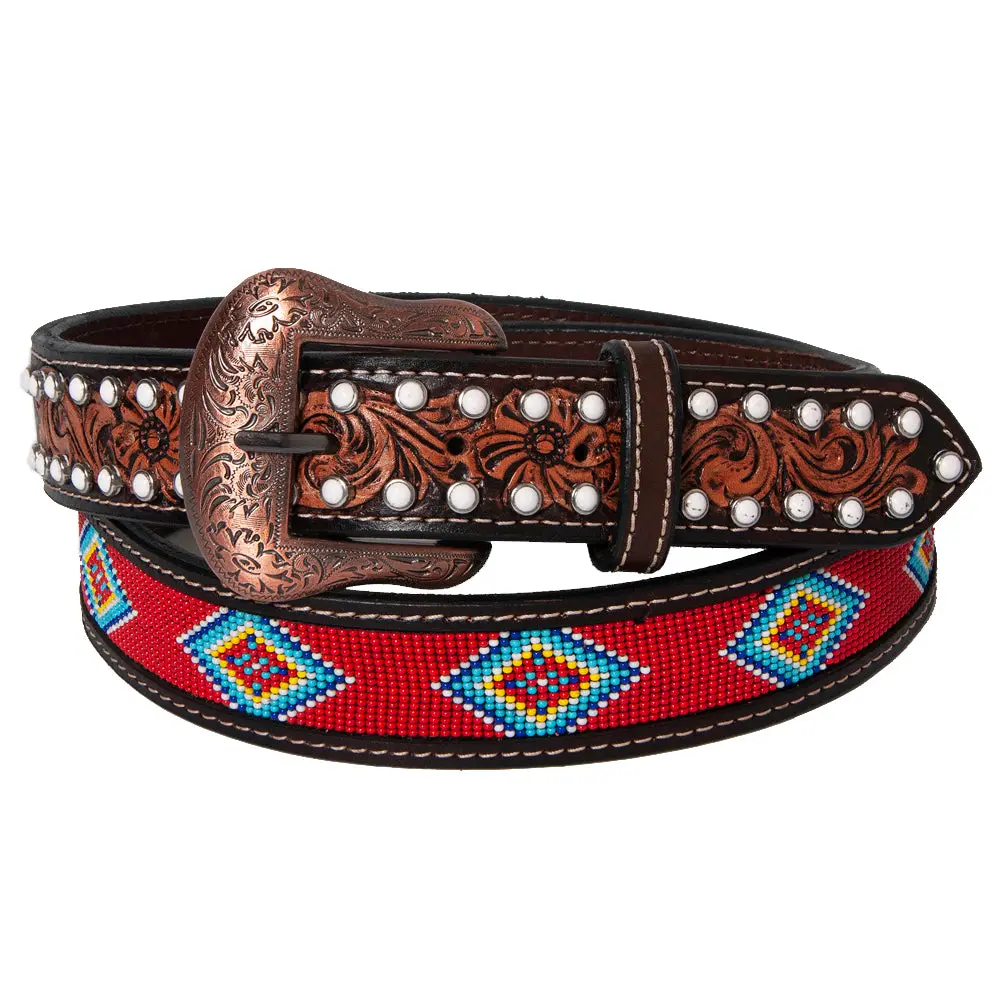 Bar H Equine Red Beaded White Crystal Floral Hand Carved Western Men & Women Belt Unisex Carving Brown 1
