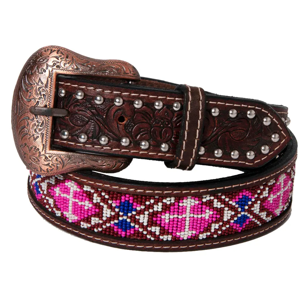 Bar H Equine Hand Tooled Genuine Leather Crafted Unisex Antique Brown Western Belt Beaded Carving | Bead Belts For Women 1