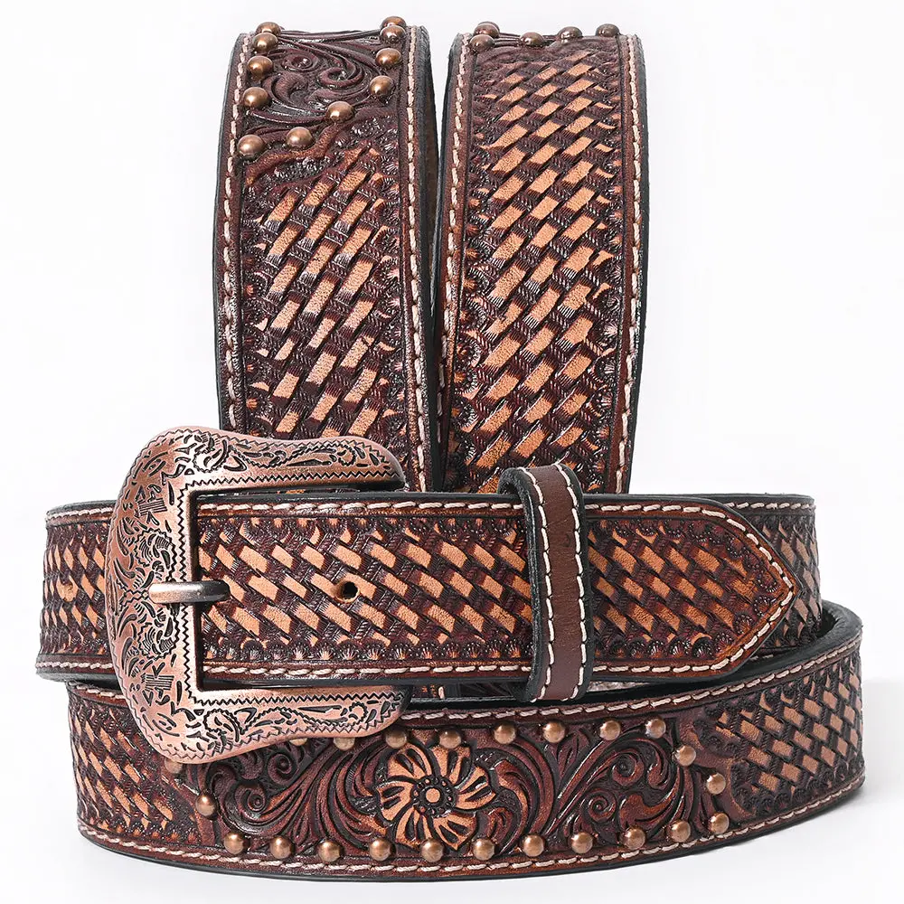 Bar H Equine Brown Floral Basket Hand Tooled Genuine Leather Men & Women Belt Unisex Western With Removable Buckle 1