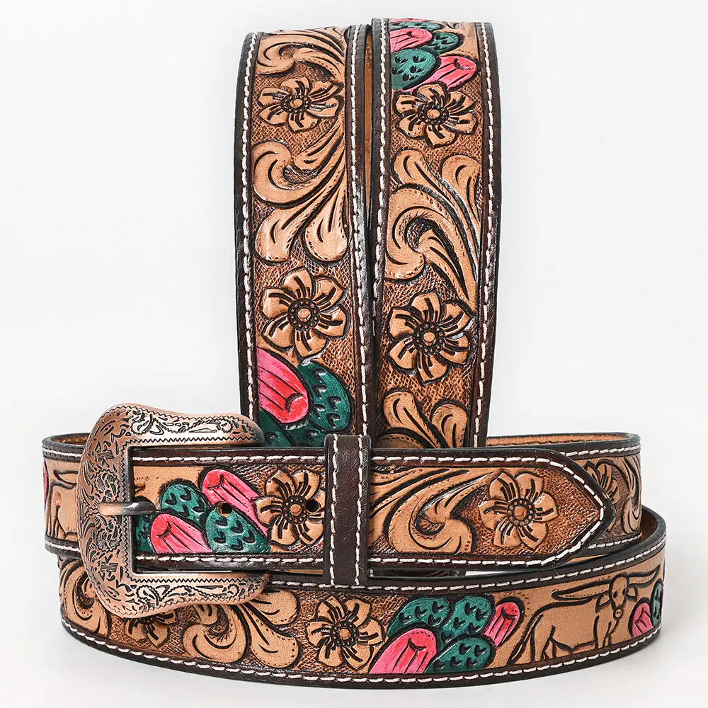 Bar H Equine Tan Floral Cactus Bull Hand Carved Genuine Leather Men & Women Belt Unisex Western With Removable Buckle 1