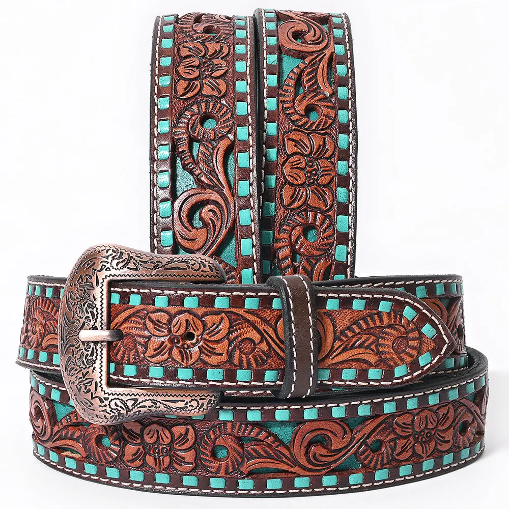 Bar H Equine Brown Floral Cactus Bull Hand Carved Genuine Leather Men & Women Belt Unisex Western With Removable Buckle 1