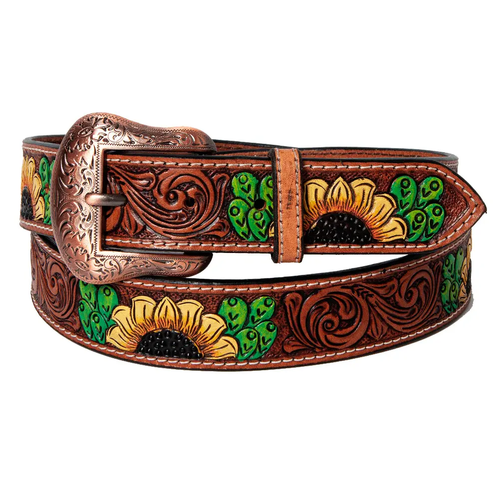 Bar H Equine Brown Floral Sunflower Cactus Hand Painted Genuine Leather Men & Women Belt Unisex Western With Removable Buckle 1