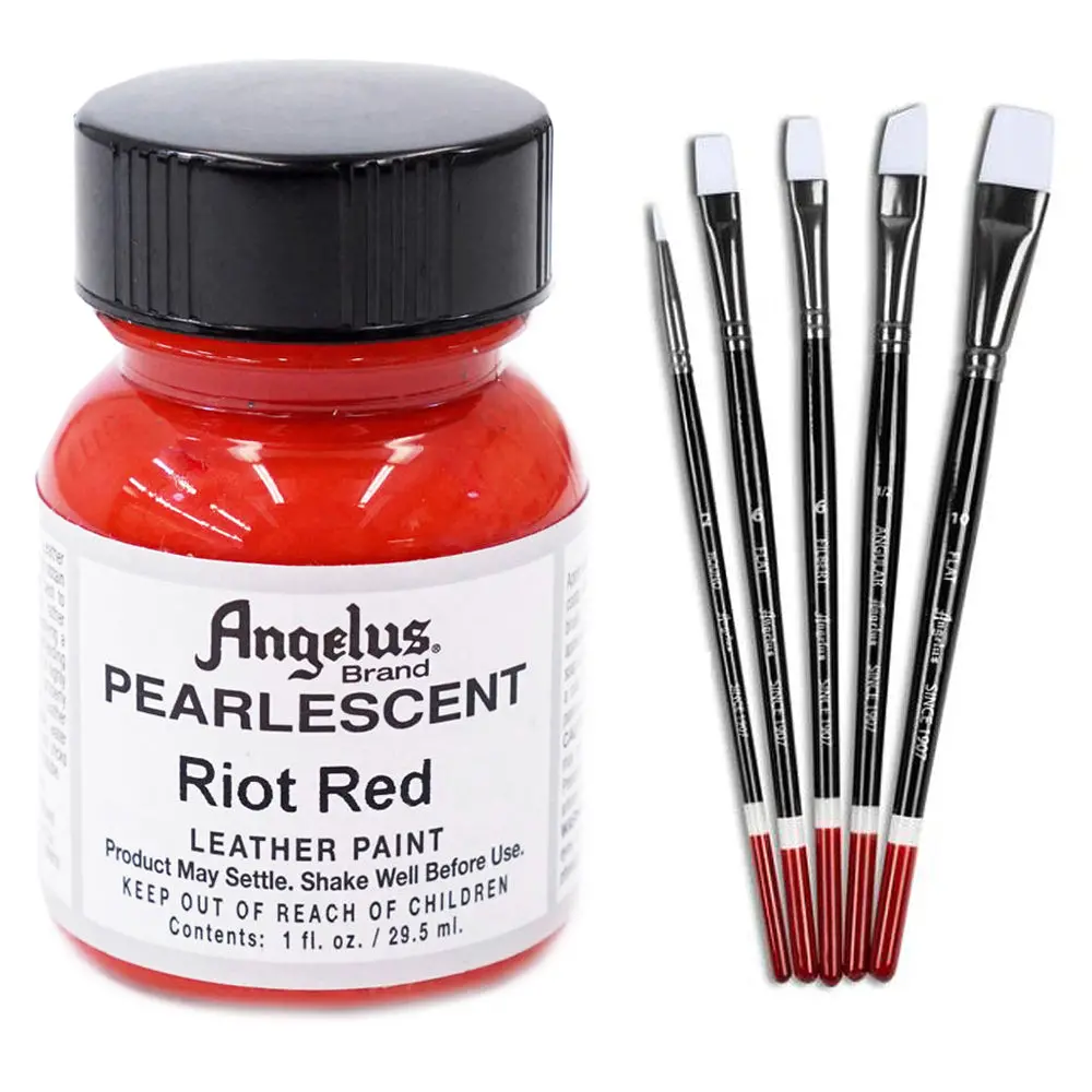 1 Oz Angelus Pearlescent Leather Paint Riot Red W/ 5 Pc Brush Set 1