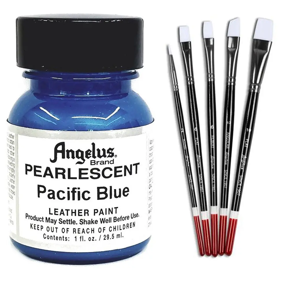 1 Oz Angelus Pearlescent Leather Paint Pacific Blue W/ 5 Pc Brush Set 1