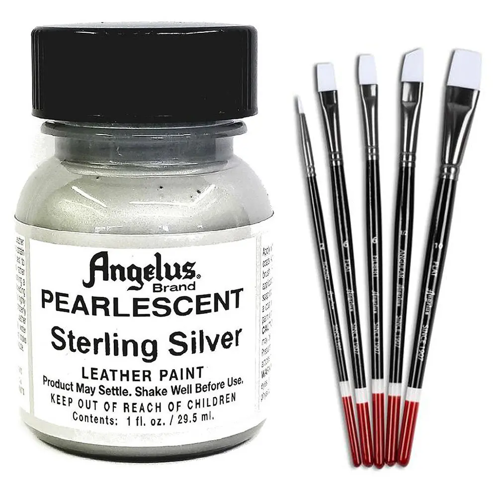 1 Oz Angelus Pearlescent Leather Paint Sterling Silver W/ 5 Pc Brush Set 1