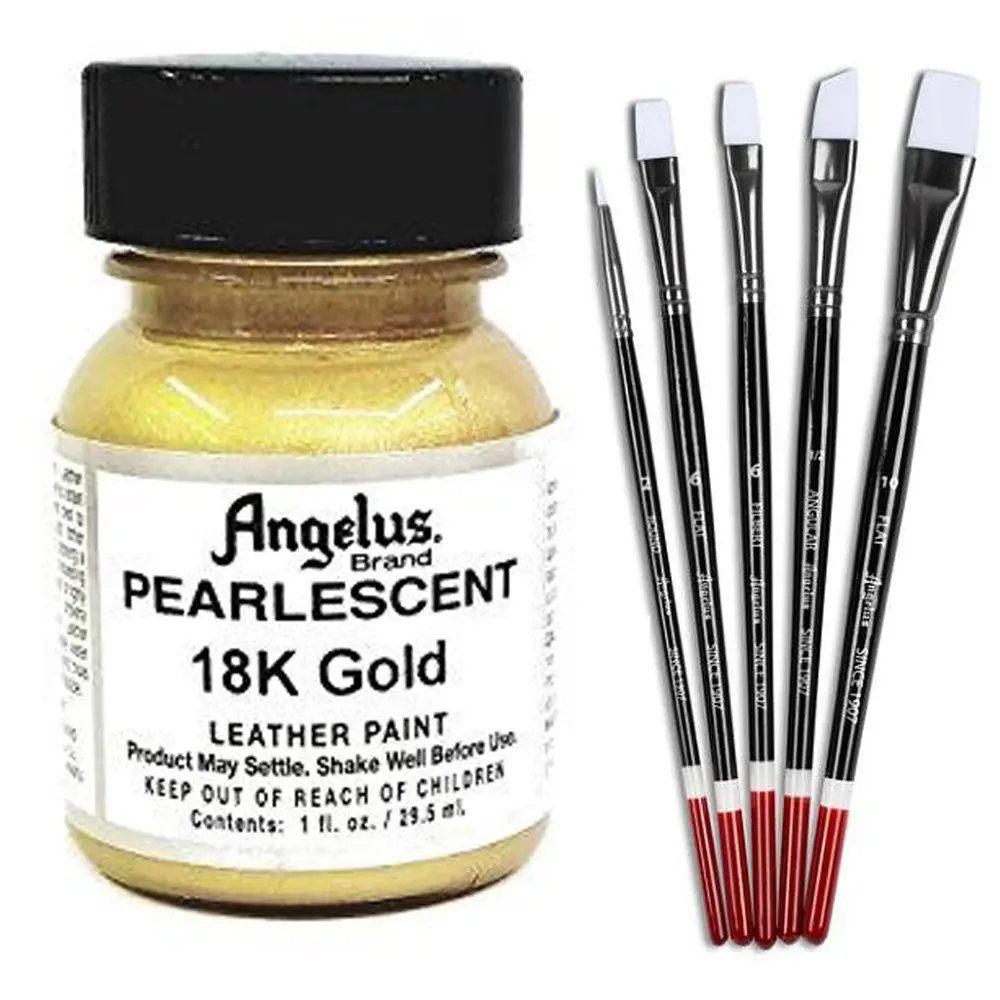 1 Oz Angelus Pearlescent Leather Paint 18K Gold W/ 5 Pc Brush Set 1